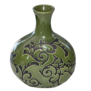 Vintage Green Pottery Vase Embossed Black Vine Design Collectible‎ 8"Hx6.5"Wx3"D